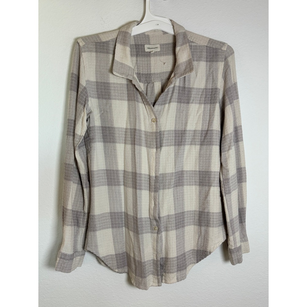 Thread & Supply Grey Cream Plaid Button Down Shirt Small Roll Tab Sleeve